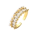 Bague ouverte dorée avec doubles rangées de perles blanches et zircons de coupe carrée - Style Perle Latérale Zircon Carré (CB00742CX)