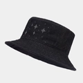 Detail of black denim bucket hat featuring a shimmering rhinestone star pattern on the side - One Size / Black