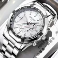 Macro view of ORUSS stainless steel chronograph watch with tachymeter and silver band - Silver Strap White Dial