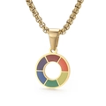 Gold box chain necklace with a circular rainbow enamel pendant in vibrant colors - Gold Round Rainbow Style (KP100467)