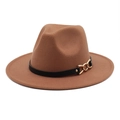 Brown wide brim fedora hat with leather band and gold chain accent on white background - Khaki