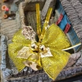 Mini golden mesh bow ornament with metallic bell and leaf details for festive DIY decor - Christmas Bow 25