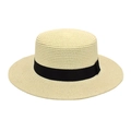 Detail of classic beige boater straw hat with black ribbon and fine woven texture - M (56-58cm) / Cream