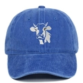 Close-up of embroidered white cow head on vintage washed denim blue baseball cap texture - Adjustable / Sapphire Blue