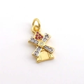 Windmill shaped gold pendant with white zircon and red gemstones on white background - 11-Windmill