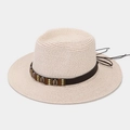 Flat top straw Panama hat in beige with bohemian seashell and bead band decoration - One Size / Pink
