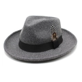 Classic grey wool fedora hat with black ribbon and feather detail for men and women - M (56-58cm) / Deep Heather Grey