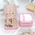 Portable pink iridescent PU leather jewelry organizer with zipper closure and mirrors - Upgraded Mirror Style / Sakura Pink