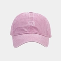Detailed view of pink washed canvas baseball cap featuring white abstract geometric embroidery - Pink