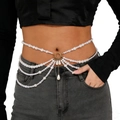 Multilayer white pearl body chain with golden ring and teardrop pendant accents - Gold (Waist Chain)