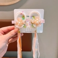 Girls hanfu hair clips featuring light orange petals, pearls, and long silk tassels - 3# Orange Flower Long Ribbon