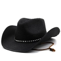 Dettaglio del cappello da cowboy in paglia nera con borchie argentate e cordino regolabile - M(56-58cm) / Nero