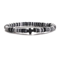 Black white and grey Heishi bead elastic bracelet with a matte black cross charm - Black White Grey