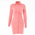 Chic pink long sleeve button-up mini shirt dress with bodycon ruched pleated detail - S / Pink