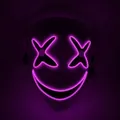 Black matte LED purge mask with purple neon cross eyes and stitched smile for Halloween - X-Eyes Style (Pink Light)