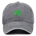 Close-up of green shamrock embroidery on vintage dark grey washed canvas baseball cap - Adjustable / Gray