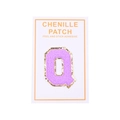 Detailed view of purple chenille letter Q patch with gold glitter borders and adhesive backing - Letter Q / Purple