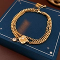Bracciale dorato a doppio strato con ciondolo a forma di rosa e pietre di zircone lucide - 9# Bracciale-Oro-Stile Rosa Doppio Strato