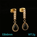 Pendientes vintage dorados con perla blanca y piedra negra de 8x6mm para mujer - Dorado-Negro