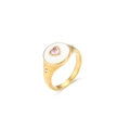 Bague plaquée or avec pierre rose en forme de cœur et détails en émail blanc - US 6
