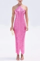 Close-up of bright pink halter maxi dress with flowing fringe details and slim fit - S / Pink