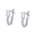 S925 silver stud earrings with square zircon and u-shaped curb chain dangle design - Platinum (White Zirconia)