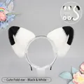 Handmade black and white plush cat ears set with headband, collar, tail, and gloves - One Size / Folded Ear Style - White Black