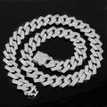 Detail of silver iced out cuban link chain with zircon inlay on black reflective surface - 60CM / Silver White Rhinestone
