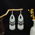 Bohemian silver drop earrings with pink teal enamel and feathers on wood branch - E6109-1 Enamel Feather