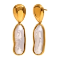 Elegant 18K gold-plated earrings featuring baroque pearls in a long teardrop drop design - Long Pearl Patchwork Stud Earrings - Gold