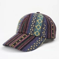 Close-up of colorful woven baseball cap showing bohemian geometric patterns and textures - Adjustable / Style E