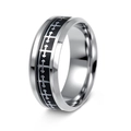 Macro shot of silver stainless steel ring with black cross patterns and brushed finish - US 10 / Black with Silver Gear
