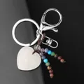 White heart natural stone keychain with seven colorful beads on silver lobster clasp - Clear Crystal (Multi-Color Chakra Beads)