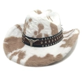 Cowboyhoed met koeienprint, pluche textuur en band met versierde stierenschedel - M(56-58cm) / Plat Top Khaki Koeprint