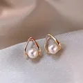 Elegant gold triangle frame pearl earrings for women with white round pearls - Triangle Pearl Studs - A1130 Gold