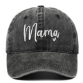 Vintage washed dark grey denim baseball cap with white Mama embroidery and heart - Adult Adjustable / Black