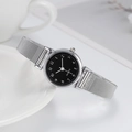 Elegant ladies quartz watch with black dial and silver Milanese mesh strap - Black Face Mesh Strap