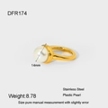Macro shot of 14mm pearl on gold stainless steel adjustable ring with product specs - DFR174 Gold Pearl Stainless Steel Size 6