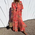 Bohemian oranjerode maxi-jurk met V-hals, etnische print en lange pofmouwen - Oranje-Rode Etnische Print