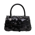 Fashionable black sequin square handbag with glossy round embellishments and top handle - Black