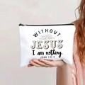 Close-up of white canvas makeup bag with black zipper and printed religious quote - Religious Jesus Theme (127-3)
