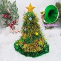 Green sequin Christmas tree hat with gold star and colorful pom-poms for festive parties - Gold Mixed Green With Gold Star Color Pom Poms