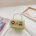 Green tweed mini handbag with large pearls, red flowers and metal chain strap for kids - Green Floral
