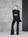 Women's black two-piece set featuring hollow lace long sleeve top and flared trousers - XS / Black