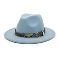Close-up of light blue wool fedora featuring rainbow snakeskin belt and gold buckle - M (56-58cm) / Sky Blue