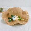 Detail of hand-woven straw hat with floral accents and wavy brim for sun protection - M(56-58cm) With Windproof Rope / Light Coffee