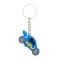 Blue cartoon racing car PVC keychain with yellow flame pattern and silver metal ring - Style 2