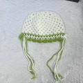 Handmade white crochet bucket hat with green flower trim and adjustable ties - M (56-58cm) / Jellyfish White Green Straps
