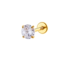 Gouden roestvrijstalen labret met ronde heldere zirkoon in 4-klauw zetting en platte basis - 3mm Zirkonia (8mm Lengte) / Goud (Rond)
