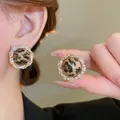 Retro leopard print geometric round earrings with sparkling zircon borders - Gold Plated Light Brown Round (19)